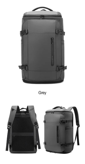 Grey business and travel backpack with front straps and side zipper pocket