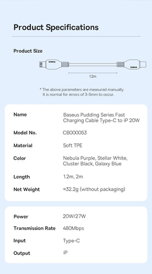 BASEUS Pudding Series 20W USB-C to Lightning Fast Charging Cable