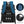 Black backpack with blue straps close-up showing breathable mesh back and adjustable padding