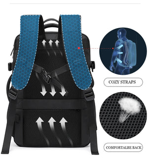 Black backpack with blue straps close-up showing breathable mesh back and adjustable padding