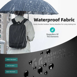 Waterproof travel backpack with textured fabric finish and water-splash protection
