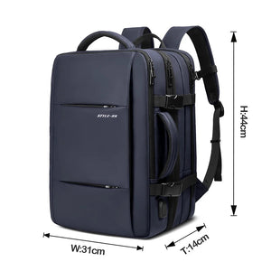 Blue expandable travel backpack with front zip pocket, padded back, and adjustable straps