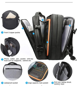 Waterproof travel backpack with front zip pockets, side straps, and interior organizer sleeves