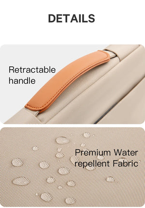 Beige laptop bag with orange-trim handle strap and water-repellent textured fabric