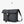 Black compact messenger bag angled view with flap top and adjustable shoulder strap