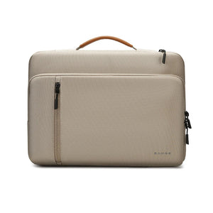 Beige minimalist laptop bag with carry handle and front zip pocket