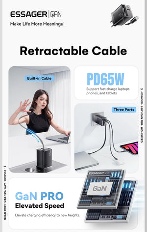 ESSAGER 65W GaN USB Charger with Retractable Cable and Power Delivery - Black