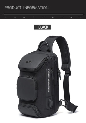 Black compact crossbody sling bag with front organizer pocket and adjustable shoulder strap.