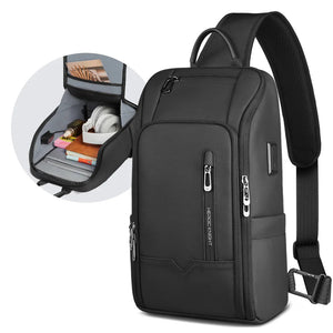 Black waterproof crossbody chest bag with front zip pocket and adjustable shoulder strap
