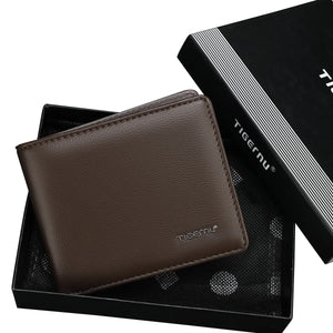 Men's RFID card holder wallet, brown PU leather with TIGERNU logo and card slot front.