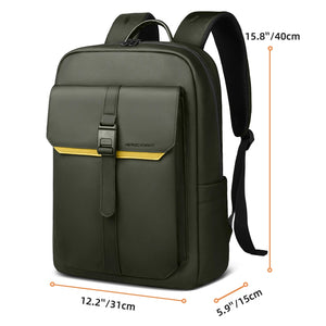 Waterproof commuter backpack in green with top handle, padded straps, front flap pocket