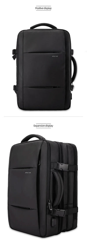 Black travel backpack with zip front pocket, padded back panel, and side straps