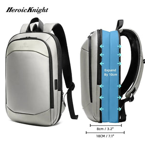 Expandable waterproof travel backpack with front pocket, light gray/white and black trim
