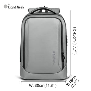 Light grey waterproof travel backpack with front pocket and top carry handle