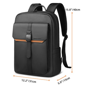 Waterproof commuter backpack in black with top handle, padded straps, front flap pocket
