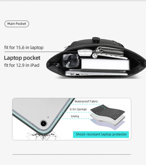 Black backpack with waterproof fabric and padded laptop pocket for 15.6-inch device
