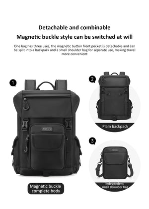 Black detachable backpack with magnetic buckle and separate small shoulder bag