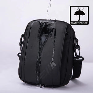 Black waterproof crossbody bag with glossy surface and water-spray droplets