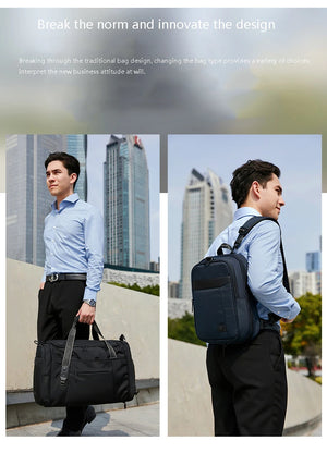 Black waterproof duffel bag carried as a crossbody bag with wide adjustable strap.