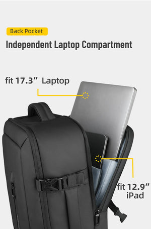 Black backpack with independent laptop compartment for 17.3-inch laptop and 12.9-inch iPad.