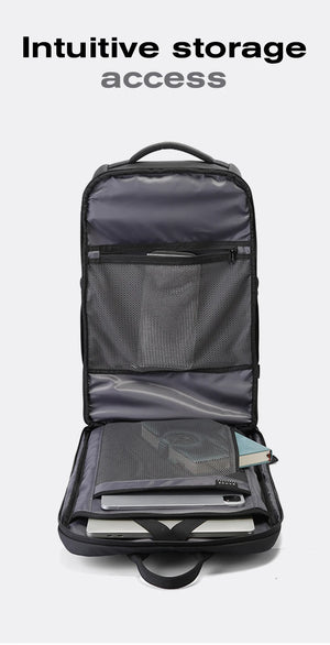 Waterproof backpack with front opening, mesh organizer pocket, and laptop-sized compartment