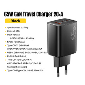 ESSAGER 65W GaN USB-C Charger with Quick Charge 4.0 and Power Delivery - Black