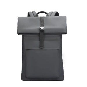 Grey roll-top waterproof travel backpack with front pocket and adjustable buckle