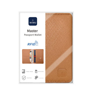 Tan WiWU Master passport wallet packaging, RFID-safe label and embossed front panel