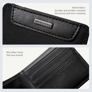 Close-up of black fabric bifold wallet with brand tab and stitched card-slot lining