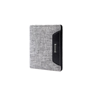 Men's slim bifold wallet, grey textured fabric with metal logo tab.