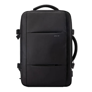 Black backpack with smooth front panel, top handle, and multiple side attachment straps