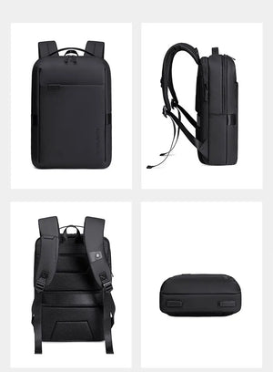 Black waterproof travel backpack shown from multiple angles: front, side, back
