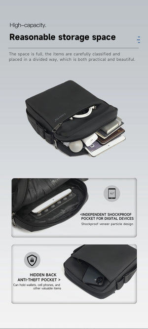 Black compact crossbody bag with expanded storage compartment, shown at angle.
