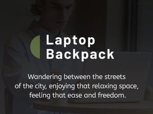 Laptop travel backpack with dark exterior, visible behind a title overlay