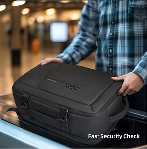 Black waterproof travel backpack on car trunk with secure front straps