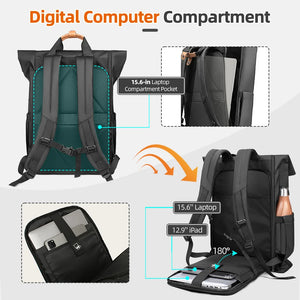 Black expandable roll-top backpack showing padded laptop and iPad compartments inside.
