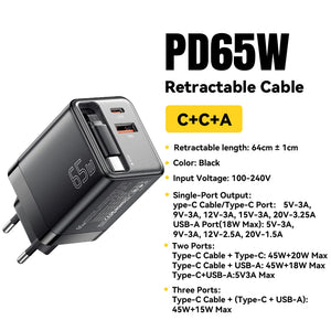 ESSAGER 65W GaN USB Charger with Retractable Cable and Power Delivery - Black