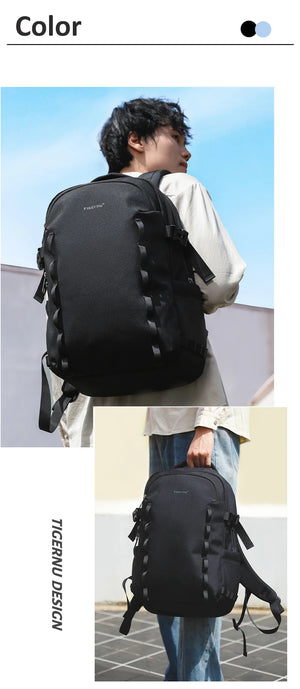 Black waterproof travel backpack worn by a model, with adjustable shoulder straps and side straps