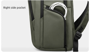 Green backpack front-right side pocket with zipper and slim storage organizer