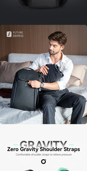 Black waterproof travel backpack with zero-gravity shoulder straps for comfortable carry