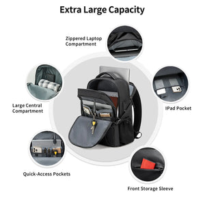 Black travel backpack with laptop sleeve, central compartment, and quick-access pockets