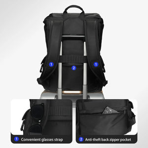 Black detachable messenger backpack back view with adjustable straps and anti-theft zip pocket