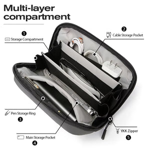 Open black tech storage bag interior with cable pocket and pen storage ring
