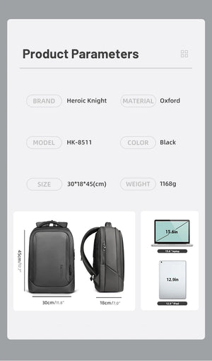 Black travel backpack, 30 x 18 x 45 cm, for 15.6 in laptop