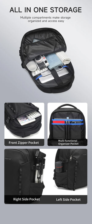 Black backpack open wide showing organizer slots and zip side pockets