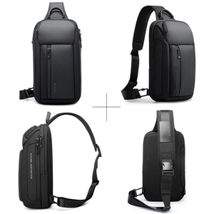 Dark gray compact waterproof crossbody bag shown from multiple angles with crossbody strap