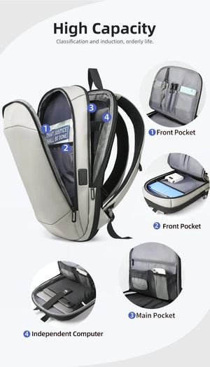 High-capacity travel backpack, light grey/white with front pockets, opened interior compartments