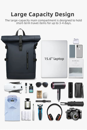 Black roll-top waterproof travel backpack with front strap buckle and roll-top closure