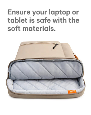 Beige laptop bag open with quilted gray protective padding and top zip pocket