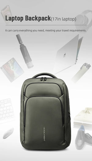 Green laptop backpack with front zip closure and padded back panel